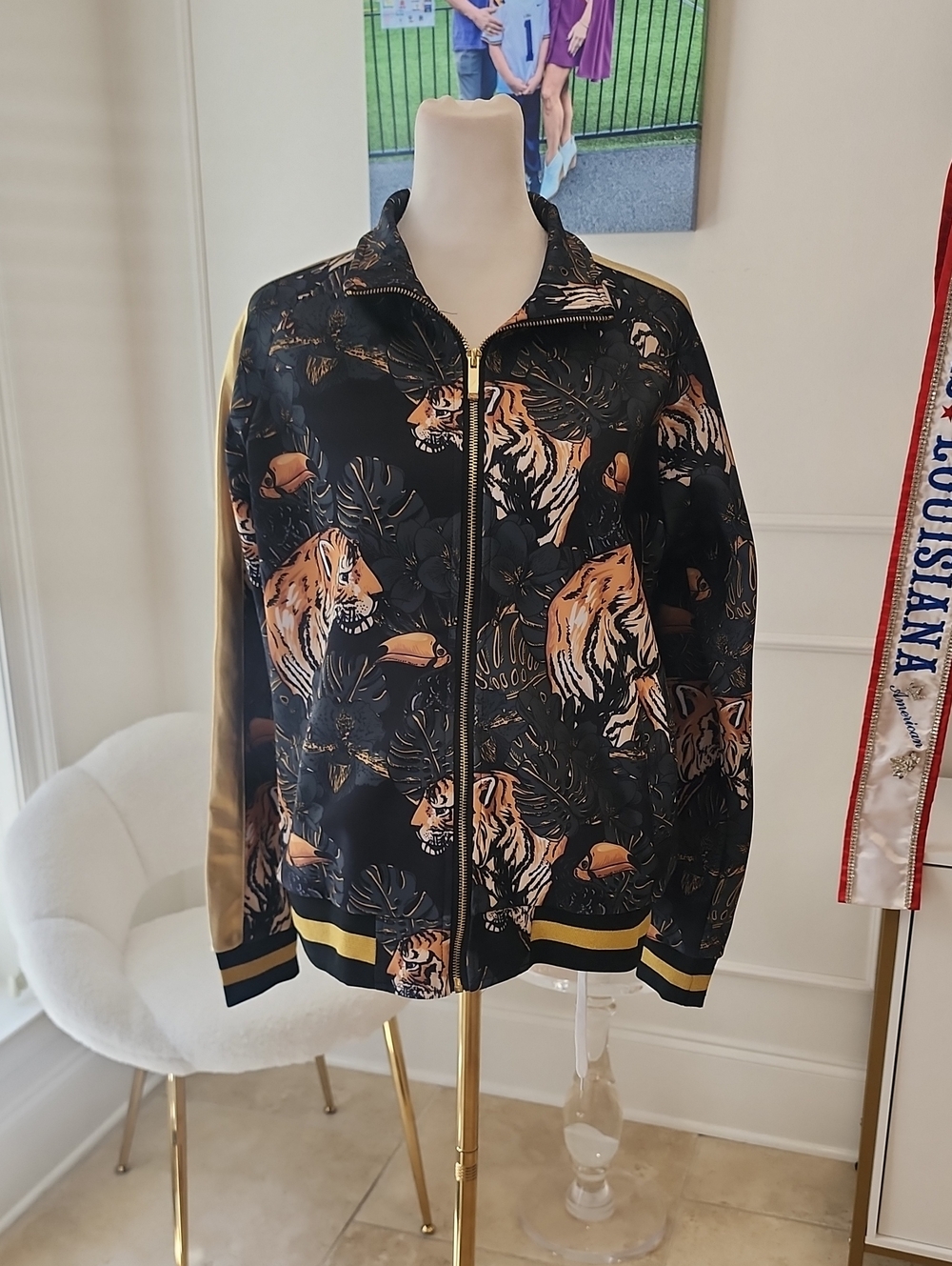 Tiger-Print Black and Tan Bomber Jacket